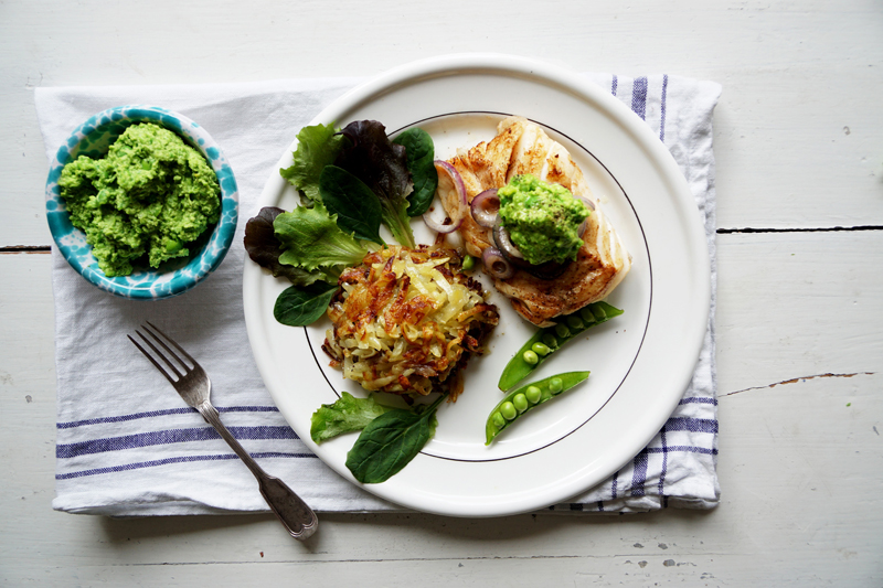 Butter fried cod with hash brown and pea pesto recipe