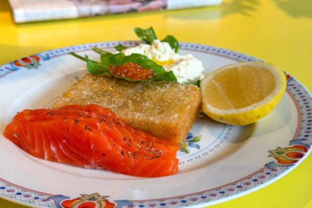 smoked trout, hash brown, soft white cheese, herb, and lemon plate at beautiful jim key brunswick